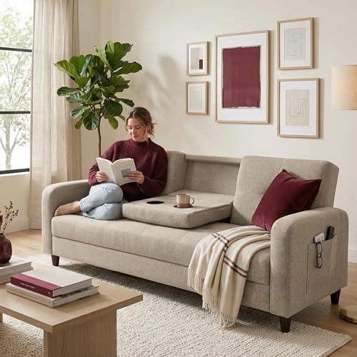 Image of Dako Furniture® 3-Seater Sofa Bed AGNES Modern Beige Fabric Sleeper Couch with Storage – Pull-Out Guest Sofa with Click-Clack Mechanism – Compact Design for Living Room or Flat (Linen Beige)