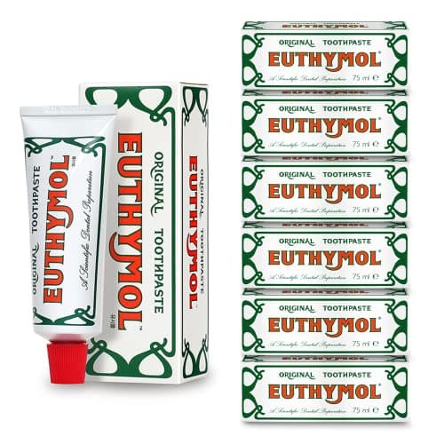 Image of Euthymol Original Toothpaste 75ml x 6, No Fluoride, Anti-Plaque, Antibacterial, Cavity Protection, Teeth & Gums Clean and Healthy, Cool Mint Refresh, Daily Oral Enamel Dental Care