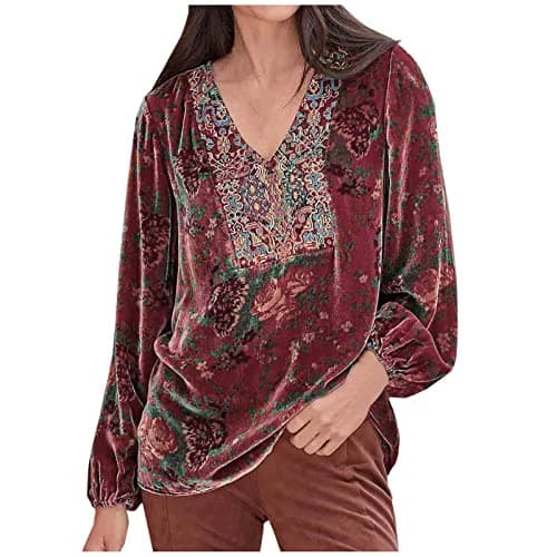 Image of TURWXGSO Velvet Tops for Women Holiday Shirts Elegant V Neck Long Sleeve Blouses Vintage Floral Print Shirts Plus Size Long Sleeve Patchwork Tops Size 8-22 Party Wear Going Out