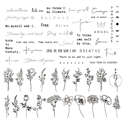 Image of DIVAWOO Realistic Temporary Tattoos - 60 Sheets Tiny Fake, 40 Pcs Inspirational Words, 20 Pcs Wild Flower Floral Bouquet Stickers for Adult Women Face Body Hand