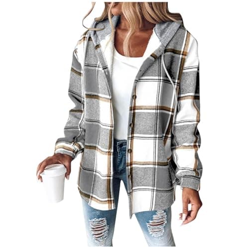Image of Women's Flannel Jackets Plaid Tartan Check Shirts Hoodies Winter Shacket Coat Long Sleeve Button Down Outdoor Patchwork Wool Blend Autumn Winter Outfits Ladies Lumberjack Jackets