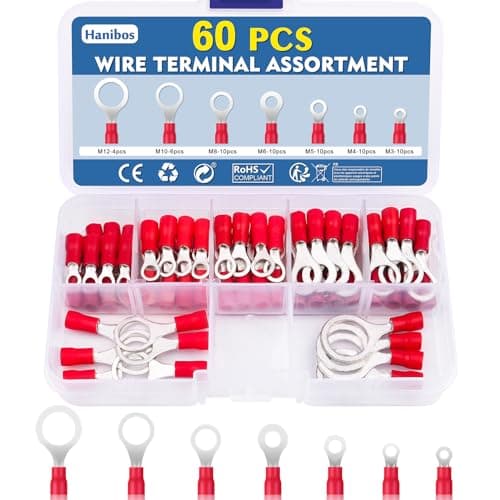 Image of Hanibos 60 Pcs Ring Terminals Red 0.5-1.5mm² Insulated Ring Crimps Wire Connectors 22-16AWG Electrical Connectors M3 M4 M5 M6 M8 M10 M12 Ring Terminals Crimps Connectors