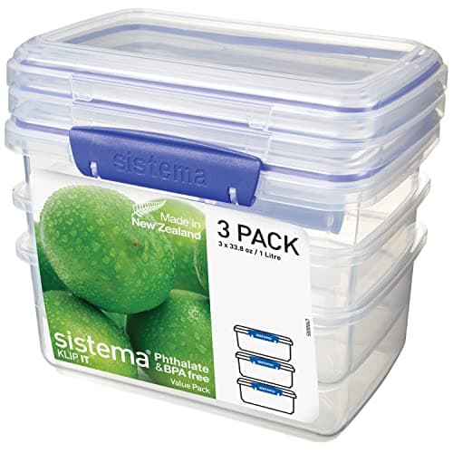 Image of Sistema KLIP IT Food Storage Containers | 1 L | Stackable Food Prep Container with Clip-Close Lids | BPA-Free | Blue Clips | 3 Count