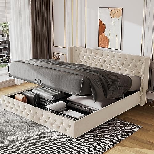 Image of Merax Upholstered Bed Frame with Hydraulic Lift, 5FT King Size Bed Frame with Storage, Functional Ottoman Bed, Sturdy Construction, Without Mattress, Elegant Velvet Finish, Beige, 150x200cm