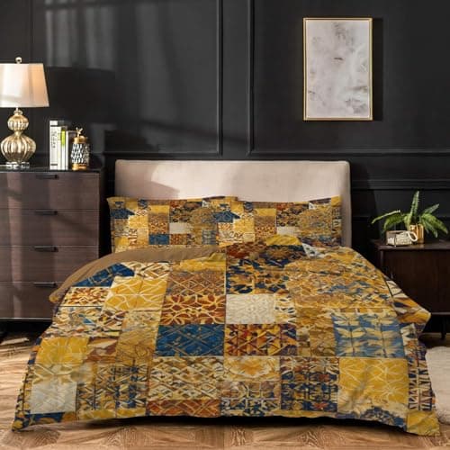 Image of dyausi Yellow Duvet Cover Patchwork Printed Reversible Stylish Bedding Double Bed Set Soft Microfiber Quilt Cover 200x200cm + 2 Pillowcases 50x75cm
