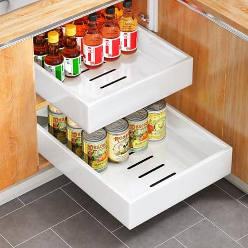 Image of SAYZH Pull Out Cabinet Organiser, Slide Out Drawer Storage Shelves for Kitchen Cupboard, Roll-Out Extendable Sliding Drawer, (43 CM Depth x 25 CM Width x 9CM Height), No Need Drill and Nailing (White)