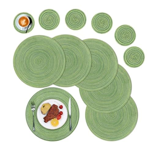 Image of SHACOS Round Placemats and Coasters Set of 6, Round Braided Woven Place Mats Washable Green Table Mats and Coasters Sets Heat Resistant Table Mats for Kitchen Dining Table Home Restaurant
