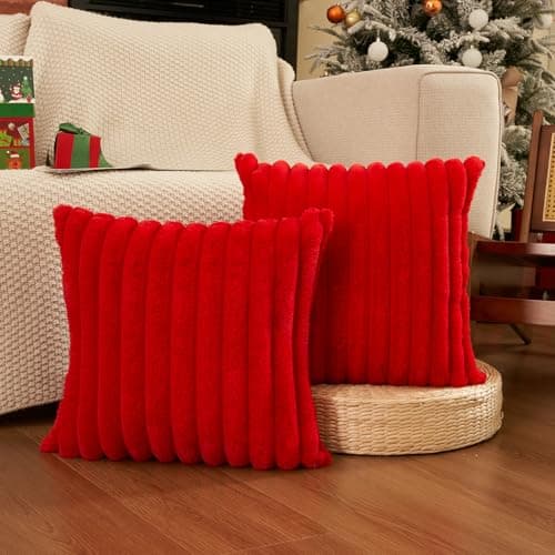 Image of EASE LEAP Red Christmas Cushion Covers 40cm x 40cm Fluffy Faux Fur Set of 2 Throw Pillow Covers Soft Plush Pillowcases for Sofa Bed Modern Style Home Decor Fluffy Striped Cushion Cover 16x16 Inches