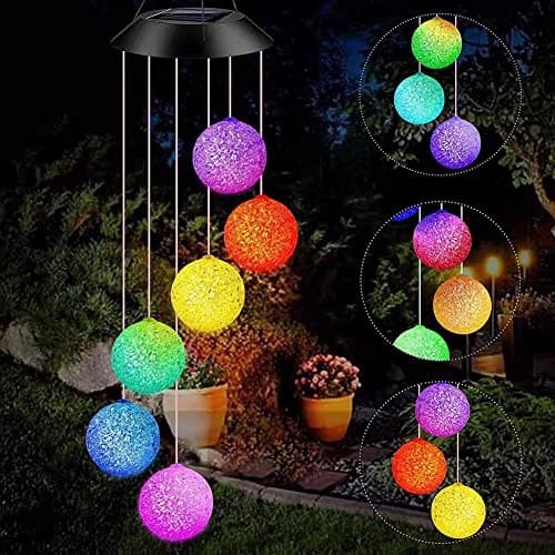 Image of Gerhannery LED Solar Wind Chime Light Mother's Day Gifts Present Spiral Spinner Color Changing Garden Lamp Waterproof Outdoor Decorative Romantic for Patio Yard Garden with Hook (Round) (Ball)