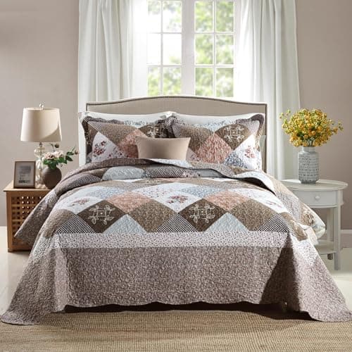 Image of Qucover Quilted Bedspread King Size in Brown, Soft Microfiber-Cotton Vintage Patchwork Bed Spread Flower Pattern Lightweight Bedspreads Coverlet Set 230 x 250 with 2 Pillow Shams