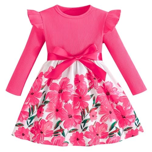 Image of Pilipulu Girls Long Sleeve Dresses Bow Dress A-line Floral Casual Party Dress Knee Length Dressy Dresses Ruffle Detail Round Neck Pink 1 5 Years