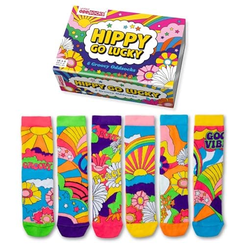 Image of United Oddsocks Hippy Go Lucky Gift Box – 6 Groovy Mix & Match Odd Socks for Women – UK 4–8, EUR 37–42, US 6.5–10.5 – Colourful Festival-Inspired Fun Gift for Birthdays, Christmas & Mother’s Day