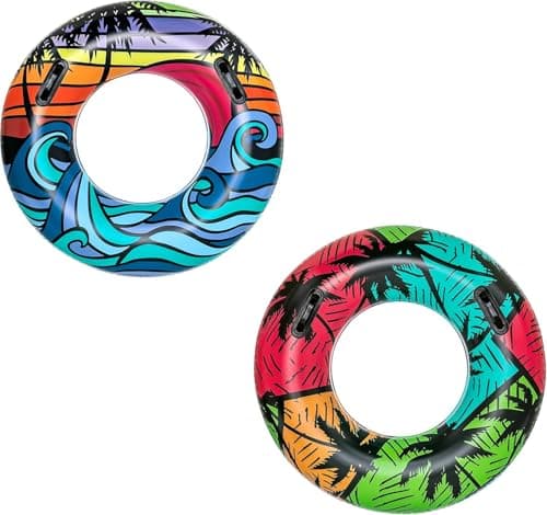 Image of Inflatable Swim Rings Set of 2 with Handles 36 Inch (91cm) – Large Pool Floats for Kids & Adults – Tropical Beach Lilo Rubber Ring for Swimming Pool Holiday Sea Party Float Durable PVC