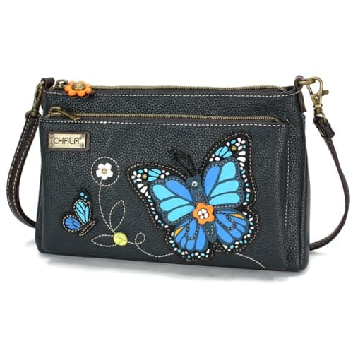 Image of CHALA RFID Protected Vegan Leather Deluxe Crossbody Bag with Adjustable Straps, Blue Butterfly - Navy, One Size
