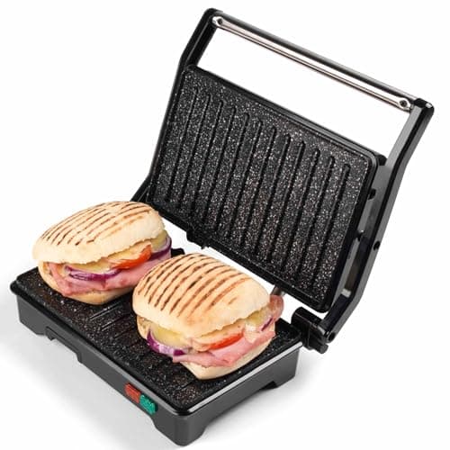 Image of Salter EK2384MG 2 In 1 Health Grill & Panini Press - Megastone Electric Versatile Non-Stick Grill, Folding Sandwich Toaster, 750W, Griddle Plates Open to 180° For Flat Cooking, Adjustable Temperature