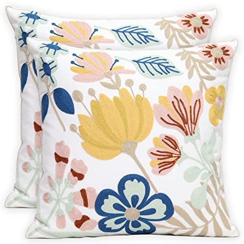 Image of Pilmandu Set of 2 Embroidered Decorative Throw Pillow Covers 45x45cm Couch Square Pillowcases Cushion for Bedroom Sofa Farmhouse Decor (Floral)