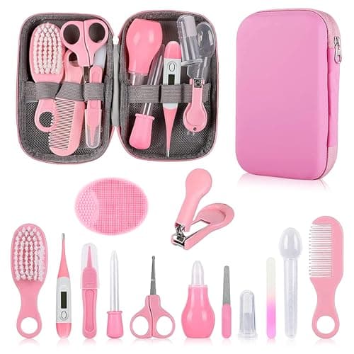 Image of Qunlions life Infant Safety Care Set with Hair Brush Comb Nail Clipper, Baby Essentials Kit for Newborn Girls Boys (Pink)