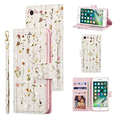 Image of UEEBAI Wallet Case for iPhone 7 Plus/iPhone 8 Plus, PU Leather Phone Case Kickstand RFID Blocking Flip Case with Card Slots Wrist Strap Relief Engraved Pattern Magnetic Closure Folio Case - Vine
