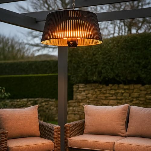Image of JSH Lunara Electric Outdoor Hanging Garden Patio Heater | Remote Control Halogen Decking Lamp | Radiant Ceiling Mounted Heat | Powerful 1500w | Stylish Modern Lampshade Design | 1.5KW Black
