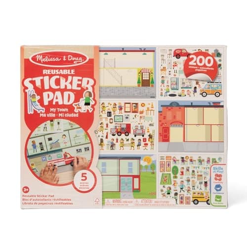 Image of Melissa & Doug Reusable Sticker Books, My Town Sticker Book | Plane Activities Toddlers | Reusable Stickers for Kids Travel Activity Packs | Childrens Books Age 3-4 Years