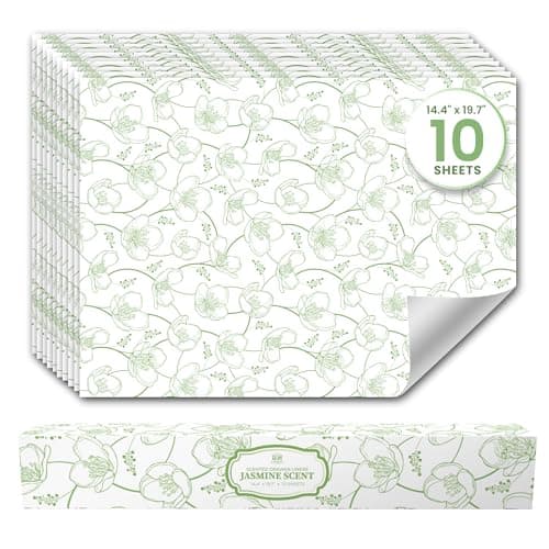 Image of Jasmine Scented Drawer Liners (10 Large Sheets, 50cm x 36.5cm) - Non Adhesive Drawer Fresheners & Lining Paper for Drawers, Bedroom & Wardrobe Shelves - Drawer Liners Scented for Clothes