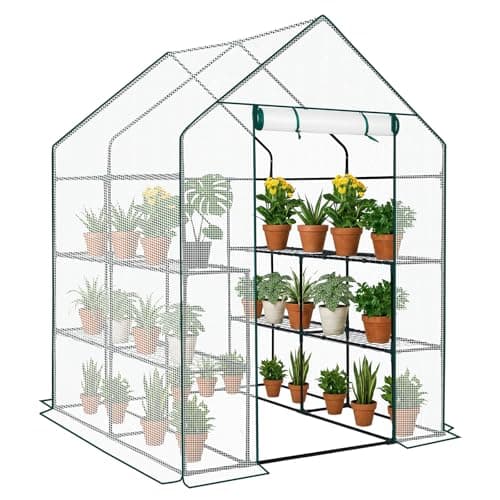Image of Outopee Walk In Compact Greenhouse, PE Plant Green House with 3 Tiers 8 Shelves, Zipper Rolling Door, Portable Outdoor Plant House for Garden Growing Plants, 143x143x195cm (White)