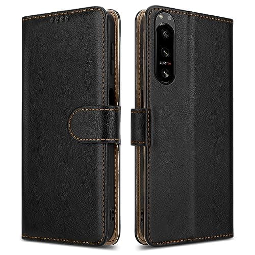 Image of PIXFAB For Sony Xperia 5 IV Leather Phone Case, Magnetic Closure Full Protection Book Folio Design, Wallet Case Cover [Card Slots] and [Kickstand] For Sony Xperia 5 IV - Black