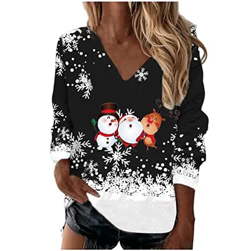 Image of TURWXGSO Christmas Jumpers for Women Funny V Neck Sweatshirts Long Sleeve T-Shirts Xmas Snowflake Graphic Shirts Tunic Tops Casual Loose Fit Festive Holiday Pullover Tshirts