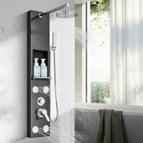 Image of Thermostatic Shower Tower Column Panel, 3-Function 3-in-1 System with rain Shower Head, Handle and 4 Body Jets with Shelf (Black)