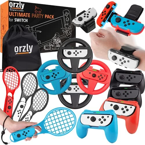 Image of Orzly Sports Family Party Pack Accessories Bundle designed for Nintendo Switch and OLED Console Games with Tennis Badminton Rackets, Controller Grips, Wheels & Wrist Dance Bands - With Carry sack