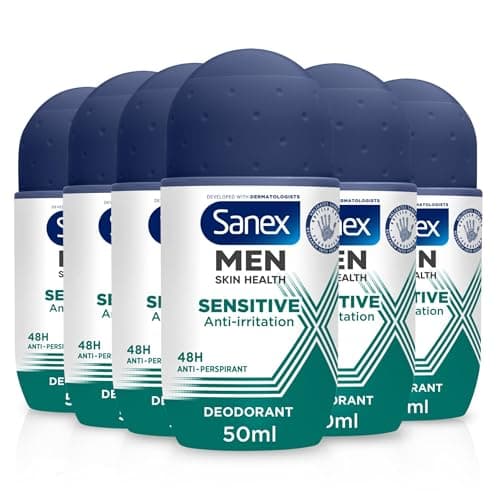 Image of Sanex Men Sensitive Antiperspirant Roll-On Deodorant 6x50ml, 48 hour sweat protection, odour-fighting formula, slows down odour release, gentle on skin, 0% alcohol