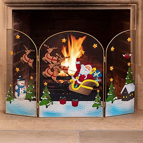 Image of Christow Christmas Fireguard Fireplace Screen, Arched Metal Mesh Fire Screen H49cm (Santa & Sleigh)