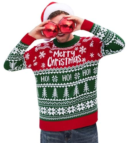 Image of Adult Christmas Sweater Classic Xmas Tree Snowflake Jumper Red Pixel EleAdultts Green New Year Pullover Tops XXL
