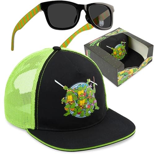 Image of Teenage Mutant Ninja Turtles Baseball Cap Sunglasses Set for Boys, Adjustable Sun Hat 100% UV Shades, Kids Holiday Essentials (Black/Green TMNT)