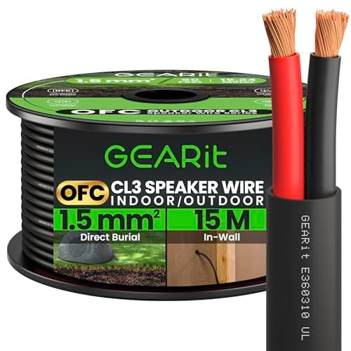 Image of GEARit 2x1.5mm² OFC Outdoor Speaker Cable, CL3 In-Wall Rated 2 Core Speaker Wire with Polarity Mark, Oxygen-Free Copper Audio Cable for Home Cinema and Car Audio,Garden,Commercial-Black, 15M