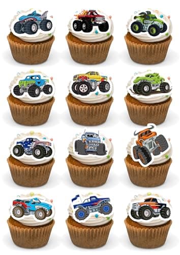 Image of Monster Truck Precut Edible Cupcake Toppers Premium Wafer Card Fairy Cakes 24