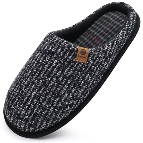 Image of ONCAI Mens Slippers Black Knit Stripes Memory Foam Mule Slippers Slip On Warm House Indoor/Outdoor Shoes With Non-Slip Sole Size 9