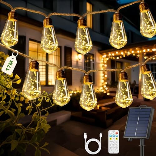 Image of Giliwosy Solar Outdoor Hemp Rope Lights, 1800mAh Garden String Festoon Light 17m/30 LED Shatterproof Bulbs 8 Modes & Timer Dimmable Hanging Bulb Light with Remote Control USB Charge IP65 Gazebo Fence