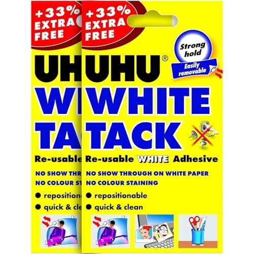 Image of 2 x UHU White Tack Reusable Adhesive Putty Strong Hold Easily Removable No Show Through on White Paper Repositionable Sticky Tack for Photo Mounting Art Crafts Decorations School Office Home