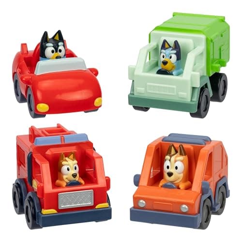 Image of Bluey Mini Racers, 4 of the Most Popular Vehicles in Mini Form. Roll and Race With Garbage Truck, Fire Truck Bingo, Convertible Bandit and Heeler 4WD Chilli, Collect Them All!