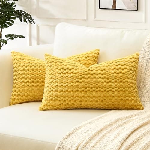 Image of Artscope Pom Poms Decorative Corduroy Cushion Covers 30x50cm Super Soft Boho Striped Lumbar Pillow Covers Case Geometric for Sofa Couch Bedroom Car Decor Set of 2, Mustard Yellow