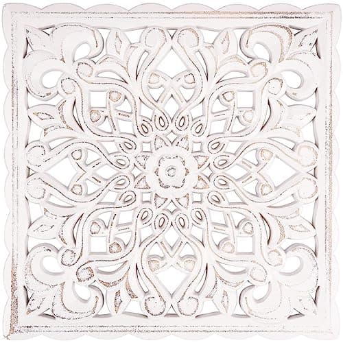 Image of Wooden Wall Decor, Unique Hollow Carved Decorative Wooden Wall Panels 30x30cm Rustic Floral-Patterned Distressed White, Wall Art Sculpture Ornament for Home Hallway Living Room Cafe Office (square)