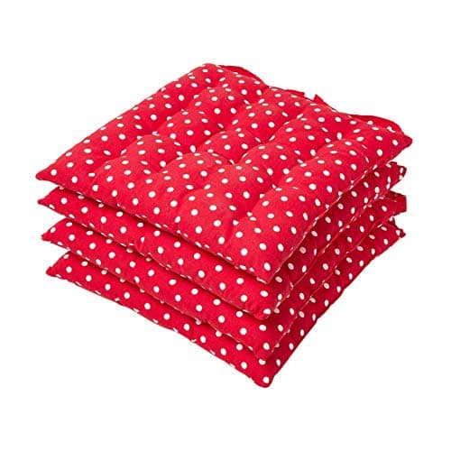 Image of HOMESCAPES Red Polka Dot Seat Pad Cushion for Dining Chairs Set of 4 100% Cotton Chair Pad with Straps 40 x 40 cm