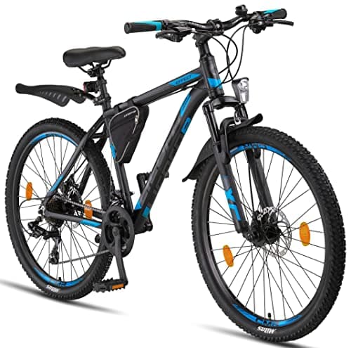 Image of Licorne Bike Effect Premium Mountain Bike - Alloy Frame Bicycle for Boys, Girls, Men and Women - 21 Speed Gear, 26 inch, Black/Blue (2x Disc Brake)