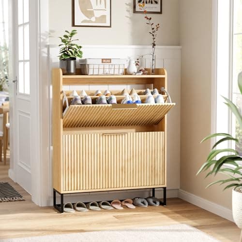 Image of Bonnlo Shoe Cabinet with 2 Flip Drawers, Mid-Century Modern Design, Space-Saving Hidden Shoe Storage for Hallway Organization (Natural Oak)