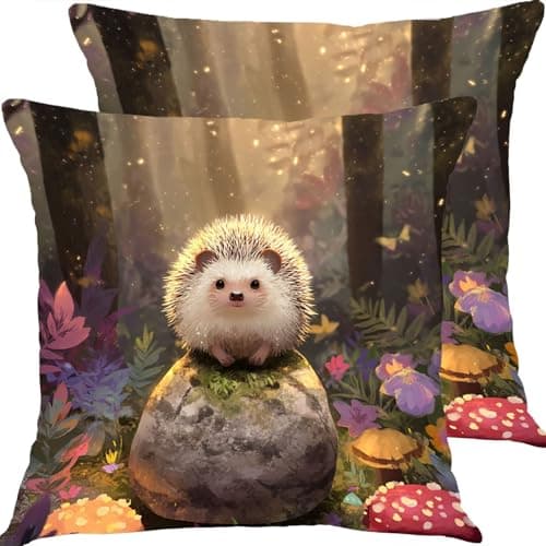 Image of Pillow Cases 2 Pack 45x45cm Hedgehog Forest Outdoor Garden Cushion Covers Linen Sofa Throw Pillow Pillows Bed Square Pillowx Cases, With Invisible Zipper, for Bedroom Furniture Decorative X0JJ-147