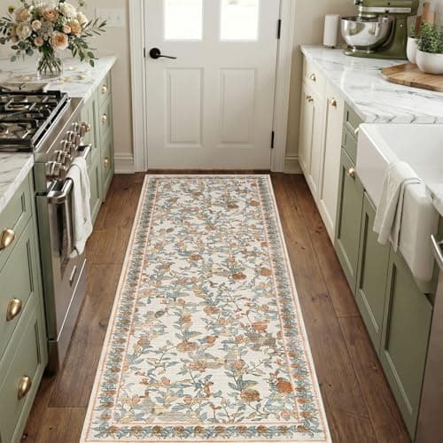 Image of TOPICK Floral Washable Runner Rug 60x150cm Vintage Hallway Rug Non-Slip Lightweight Soft Thin Kitchen Low Pile Distressed Orange Blue Carpet for Bathroom Laundry Room Bedroom Entryway