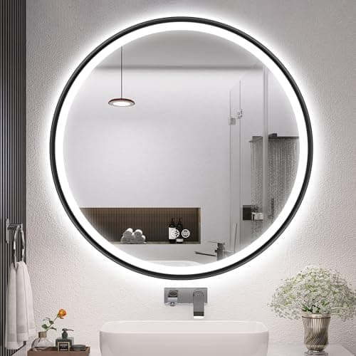 Image of S'bagno Round Bathroom Mirror with Lights 700mm, Illuminated LED Mirror Bathroom with Aluminum Frame, Anti-Fog, 3000-6500K, HD Tempered Glass, IP44 Waterproof, Memory, Black