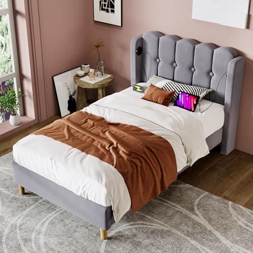 Image of BTM Upholstered Single Bed with USB and Type-C Charging, 3ft-90x190cm Single Bed Frame with Wooden Slatted Frame for Teenagers and Kids, Grey Linen(No Mattress)
