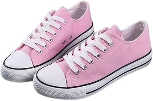 Image of Women's Ladies Girls Canvas Low Top Lace Up Trainers Sneakers Pumps Plimsolls Size UK 3-8 (Pink, UK Footwear Size System, Adult, Women, Numeric, Medium, 7)